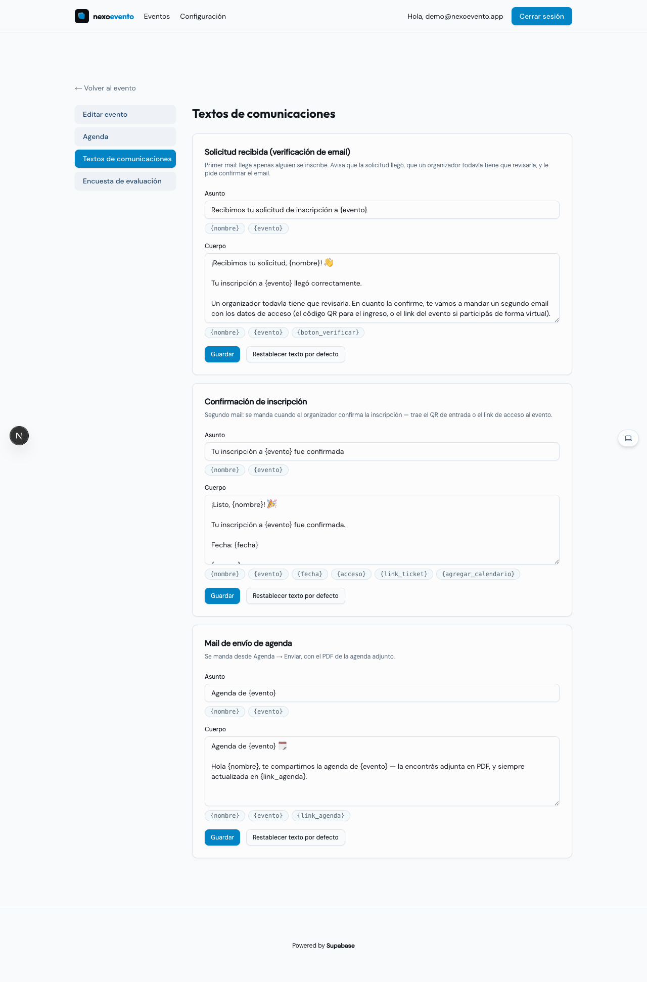 Editor de texto de un email automático, dentro de su solapa en Comunicaciones