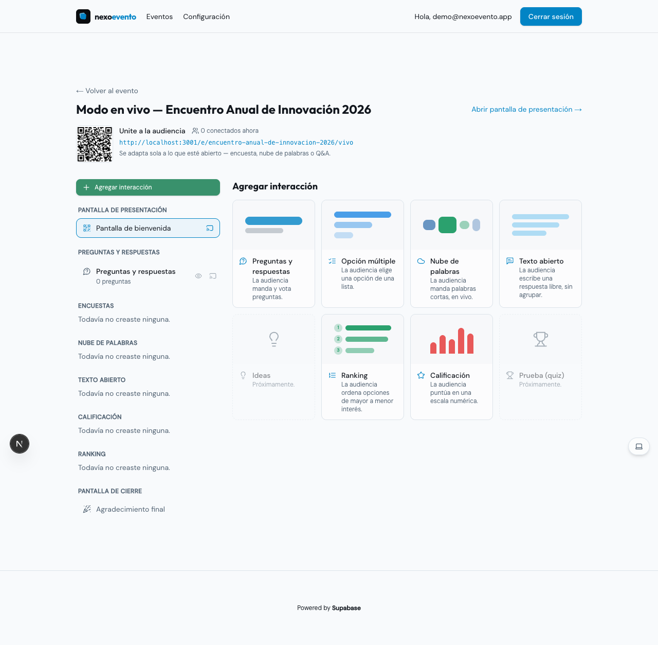 Selector de tipos de interacción en vivo