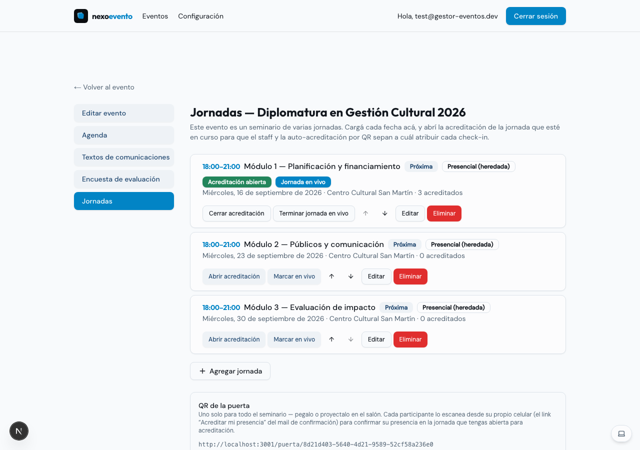 Lista de jornadas con acreditación abierta y jornada en vivo marcadas en la primera