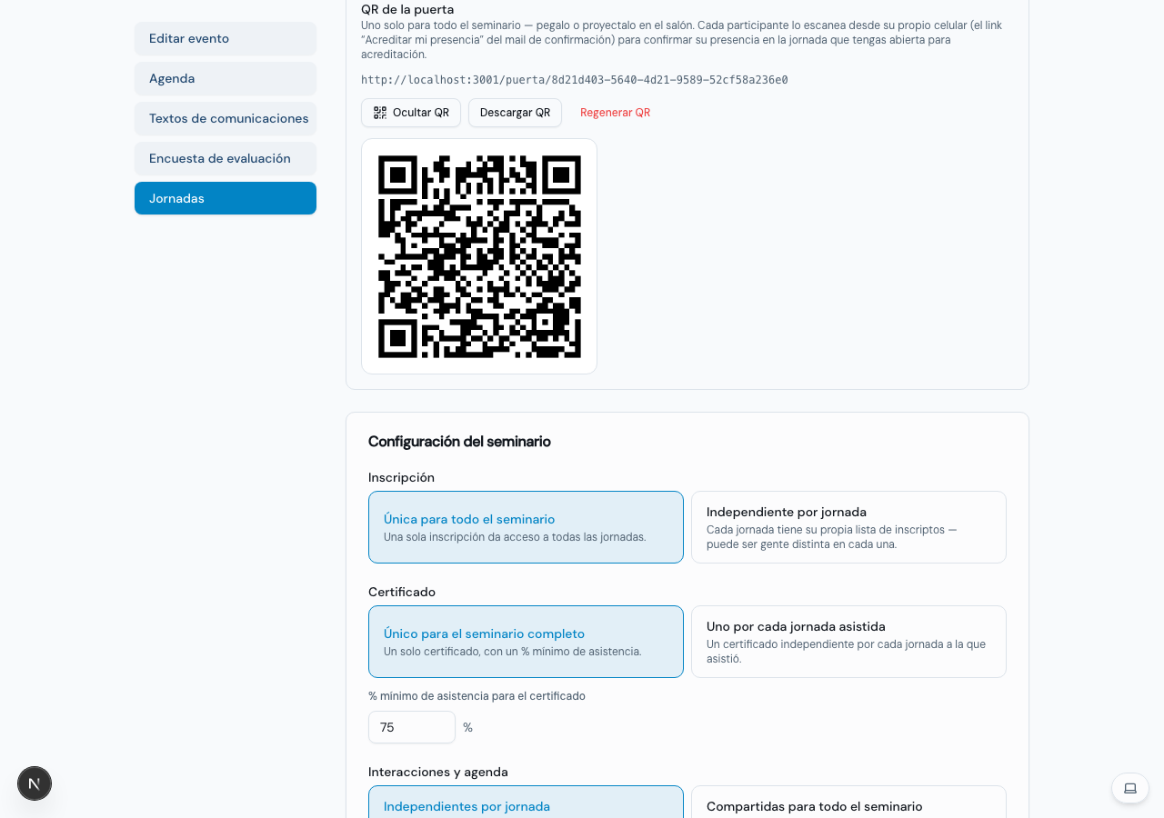 QR de la puerta para descargar, y el panel de Configuración del seminario debajo