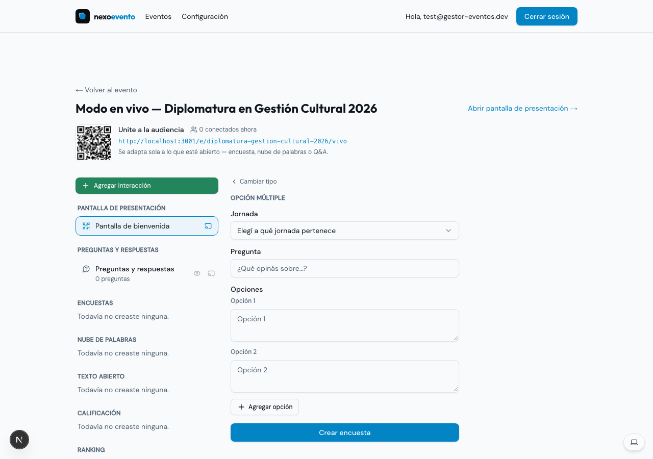 Mismo formulario en un evento recurrente, con el selector de jornada