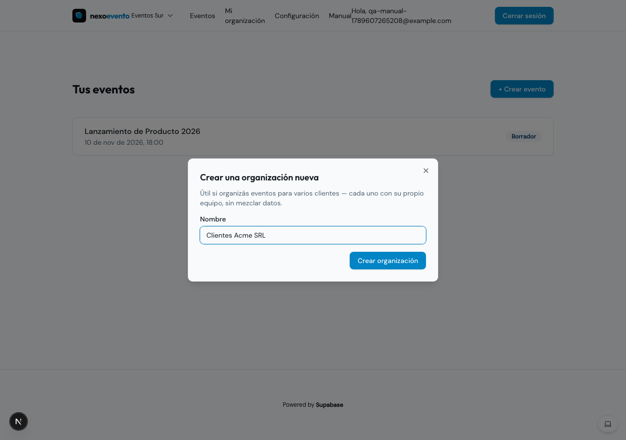 Diálogo para crear una organización nueva, con el campo de nombre completado