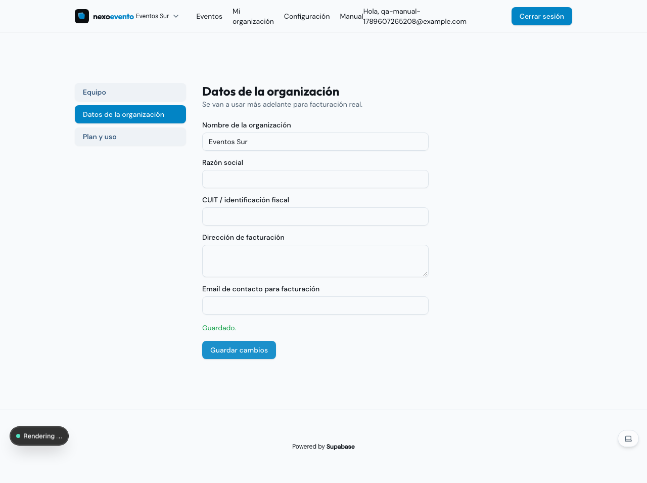 Pestaña Datos de la organización con el formulario de facturación
