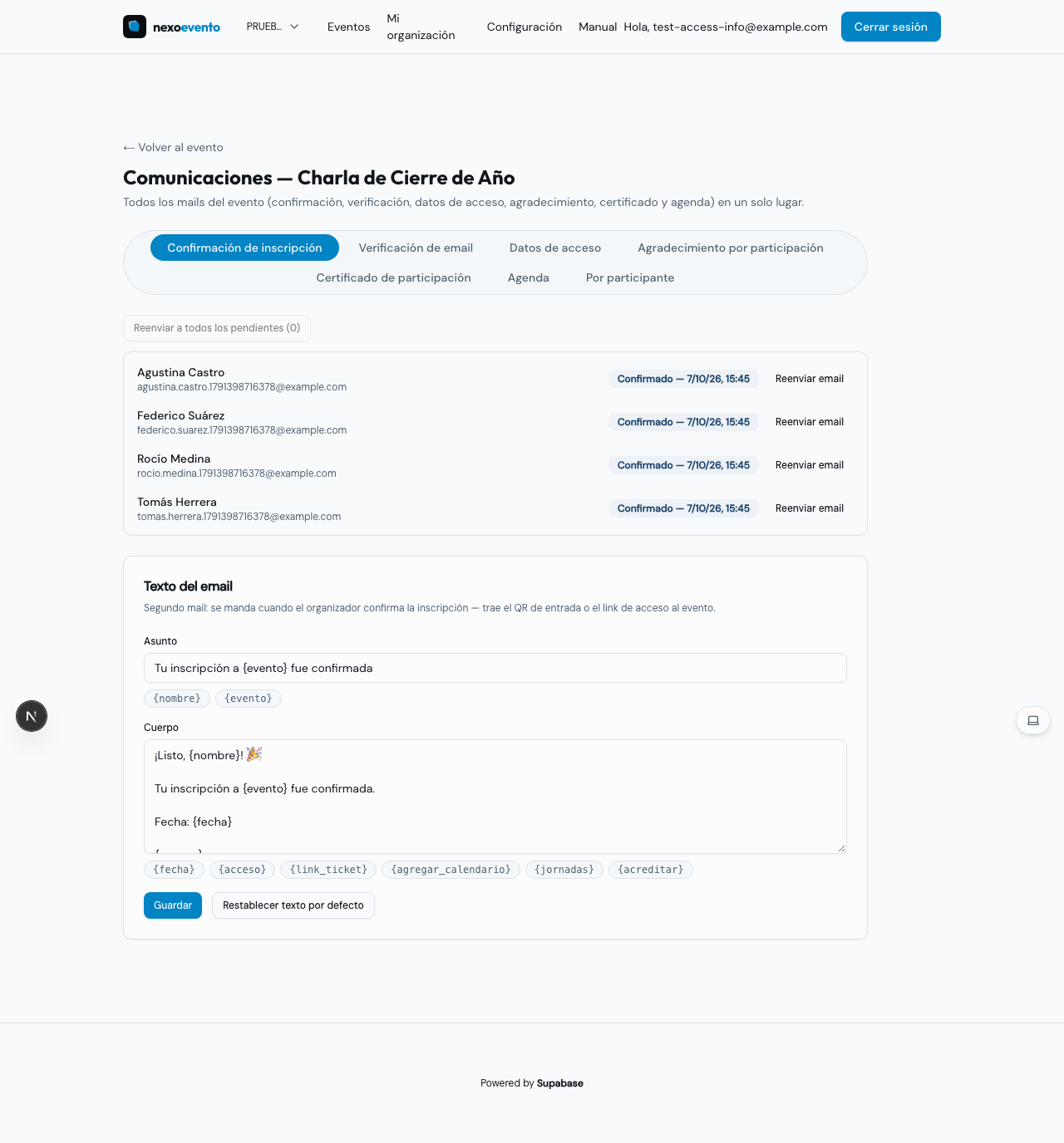 Panel de Comunicaciones, con la barra de solapas por tipo de mail (Confirmación, Verificación, Datos de acceso, Agradecimiento, Certificado, Agenda, Por participante)