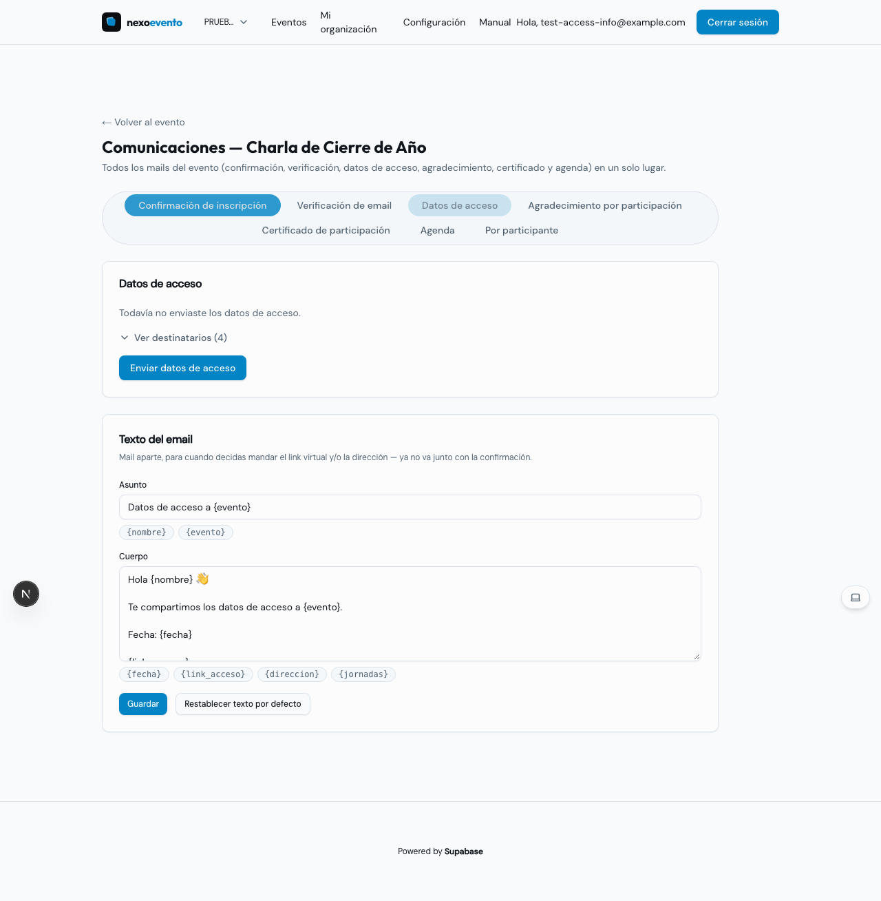 Solapa Datos de acceso, con el botón de envío y el texto del mail editable (asunto, cuerpo y los placeholders {link_acceso}/{direccion}/{jornadas})