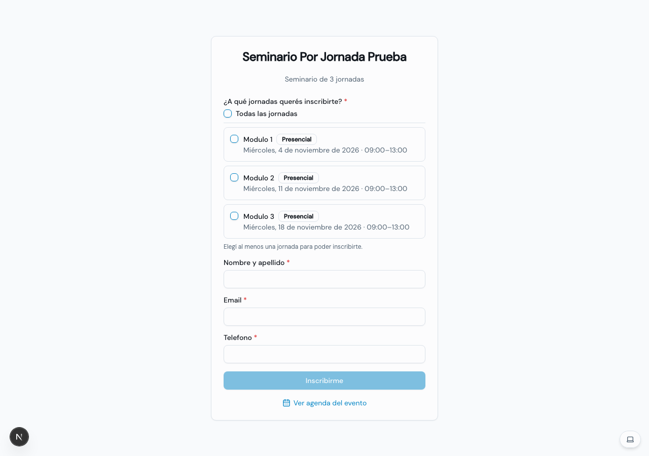 Formulario público de inscripción de un seminario con inscripción independiente por jornada, con un checkbox por jornada y la opción Todas las jornadas